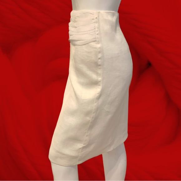 INSIGHT WHITE LINEN PENCIL SKIRT BRONZE BUTTON & CHIFFON ACCENTS WOMEN’S SIZE 8. - Picture 4 of 10